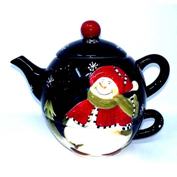 Wongs Ceramic Teapot For One Navy Snowman Snowflakes Pine Trees 3 Pc 20 oz 2006 - Picture 1 of 14